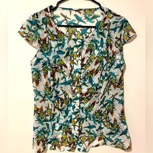 Lovely Sheer Tropical Birds Cap Sleeve Button Down Women’s M